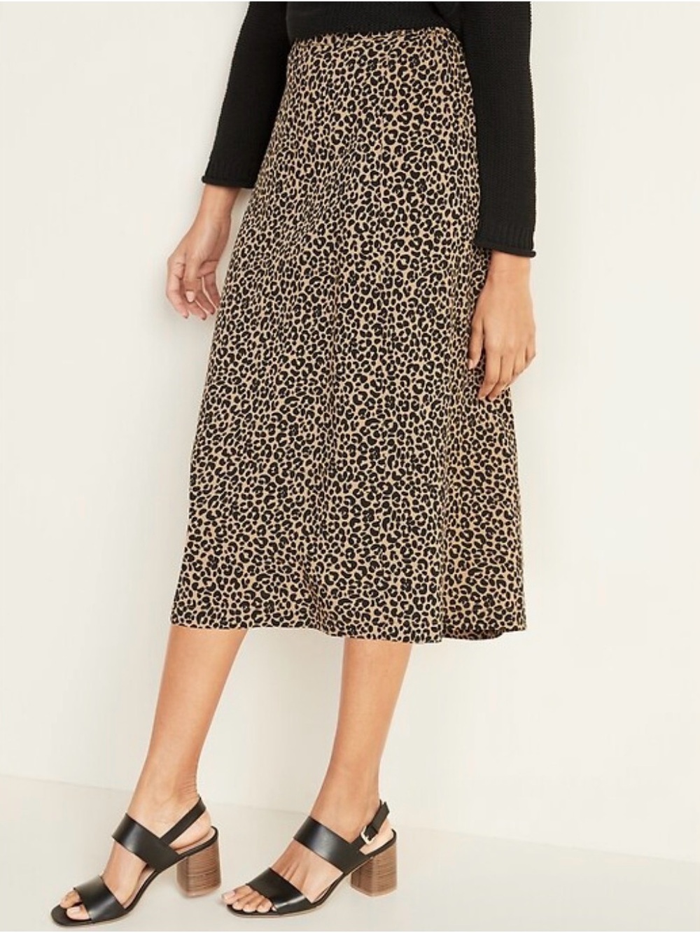 Old Navy Tan Black Leopard Cheetah Midi Skirt High Rise Boho Resort Work Office